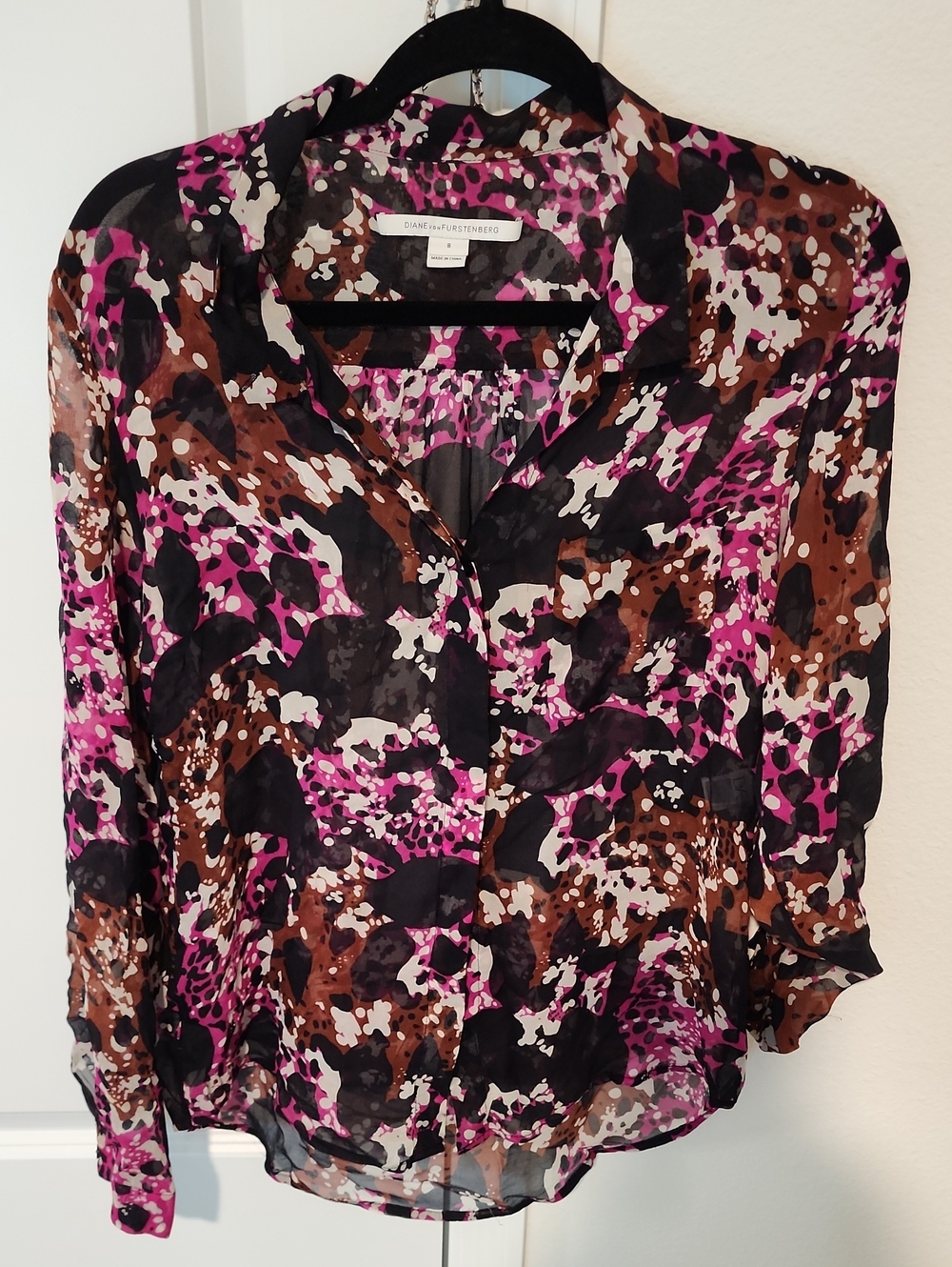 Diane Von Furstenberg Pink, Brown & Black Printed Silk Blouse